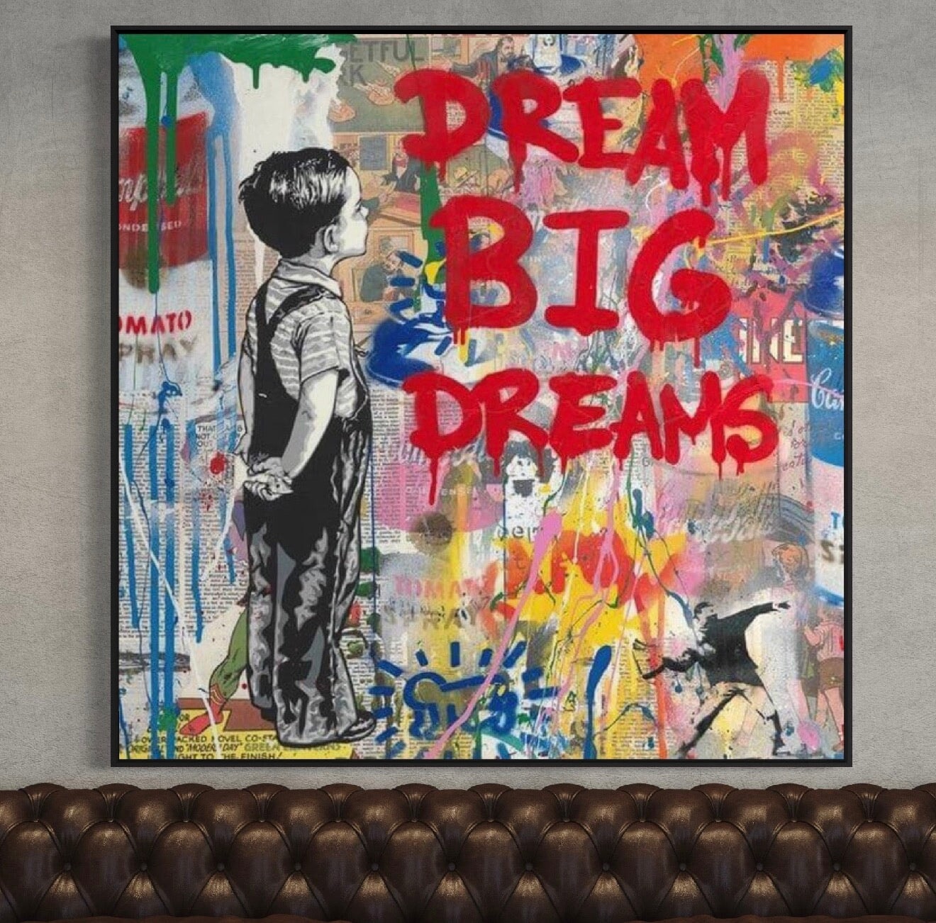 2 Finished Paintings, Ready to ship within 2 business days, Banksy Dream Big Dreams 59"x59" + Black Frame & Fiery Sky 48"x64" + Black Frame