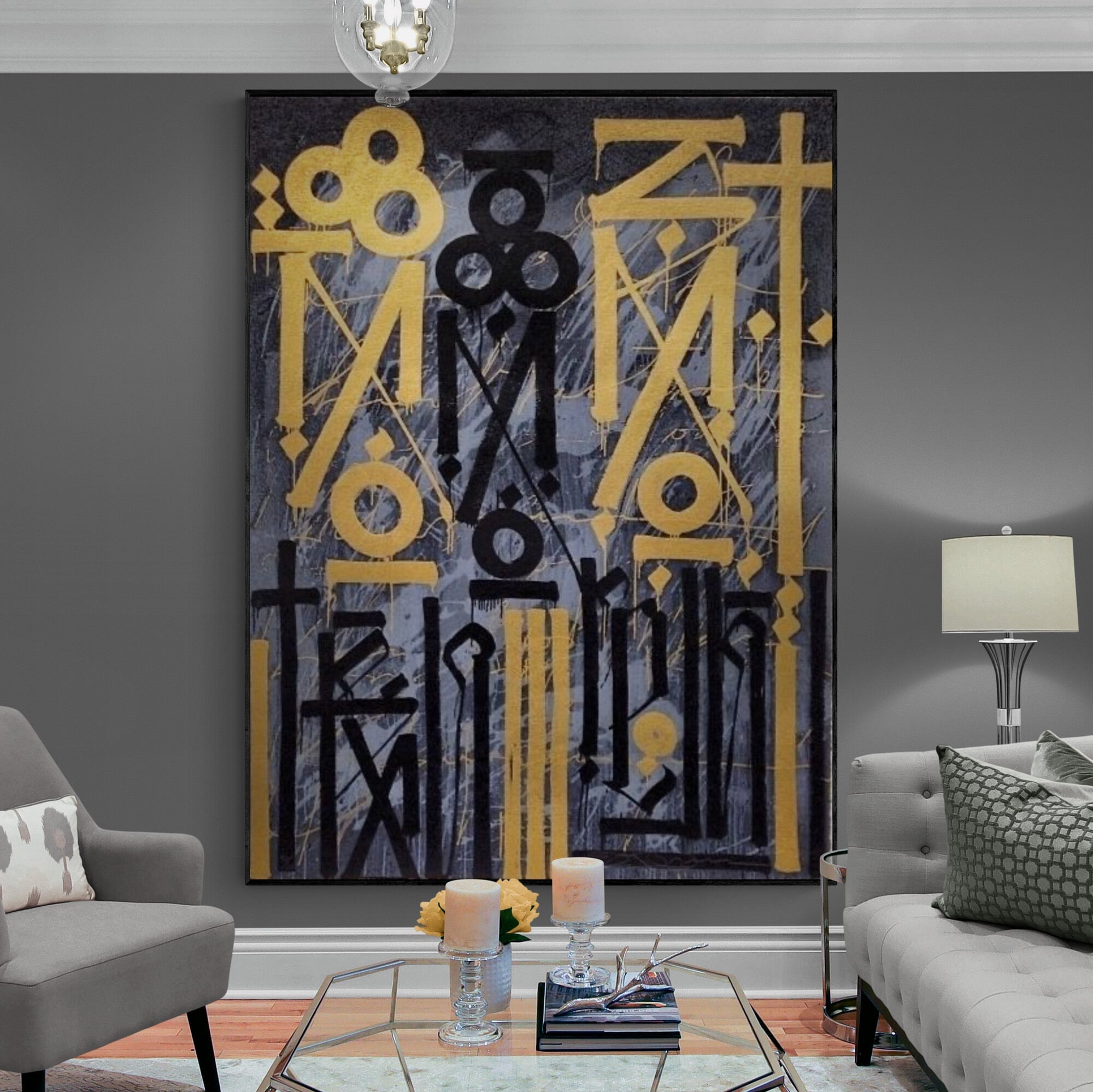 Abstract Caligraffiti - Black & Gold (Gray Background)