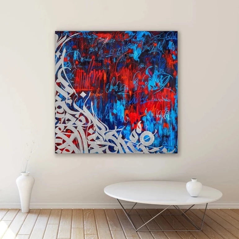 Neon Blue/White/Red Calligraphy Graffiti Painting