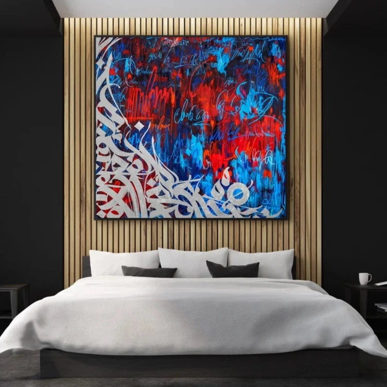 Neon Blue/White/Red Calligraphy Graffiti Painting - Paints Lab