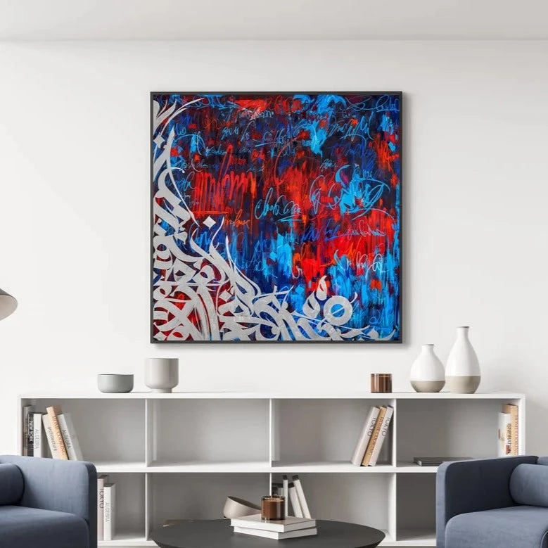 Neon Blue/White/Red Calligraphy Graffiti Painting