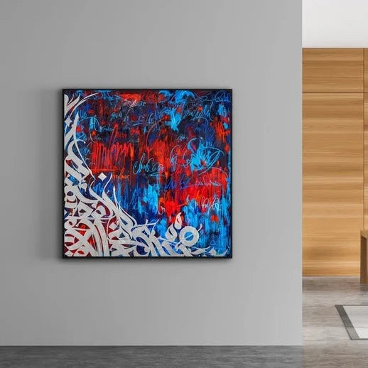 Neon Blue/White/Red Calligraphy Graffiti Painting