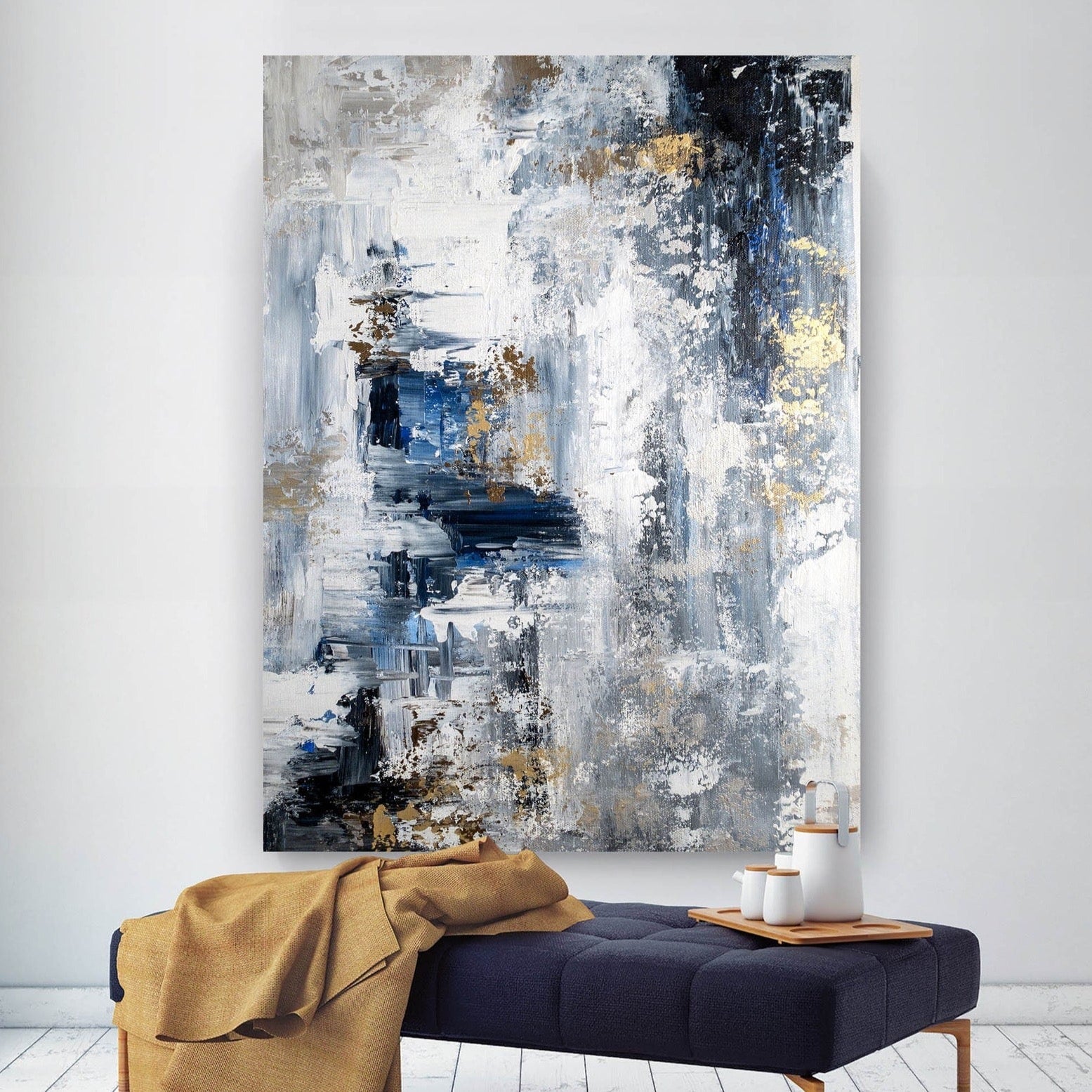 Blue/White/Gold Abstract Wall Art - Gold Abstract Wall Art