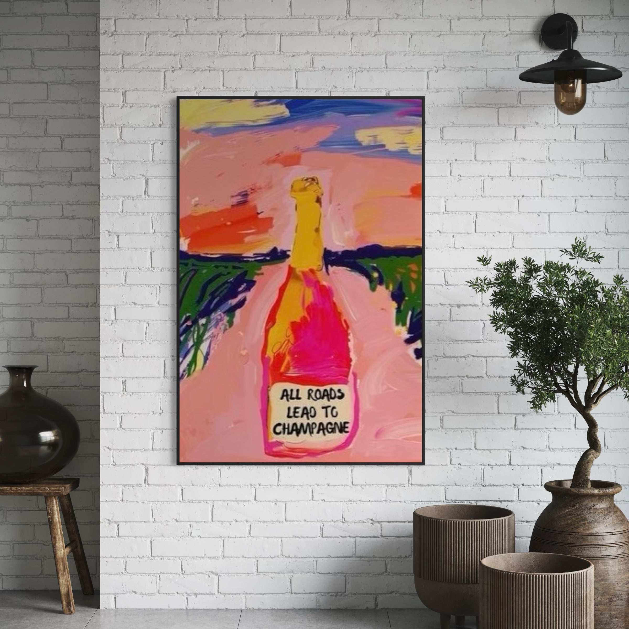 Colorful abstract painting of a champagne bottle on a white brick wall.