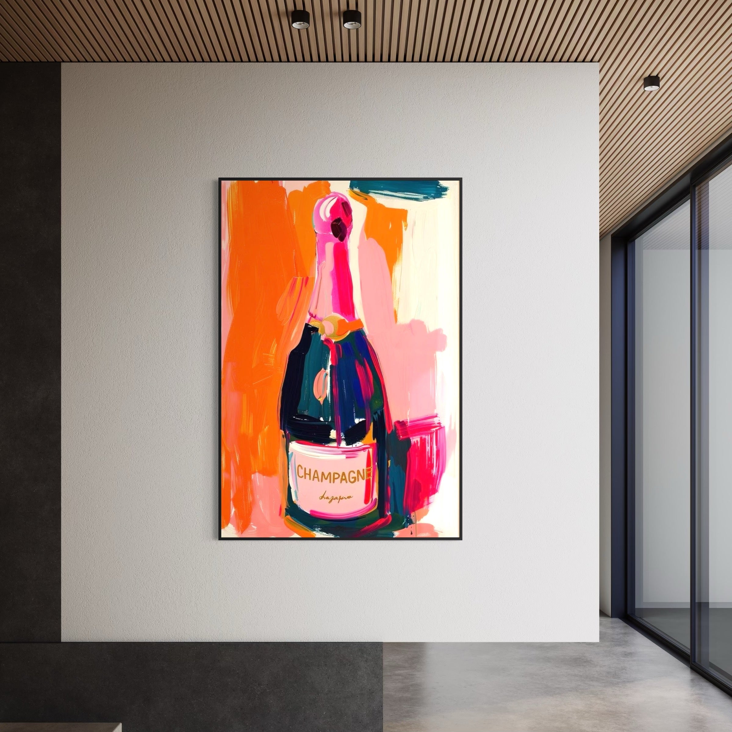Framed abstract painting of a champagne bottle on a wall in a modern interior.