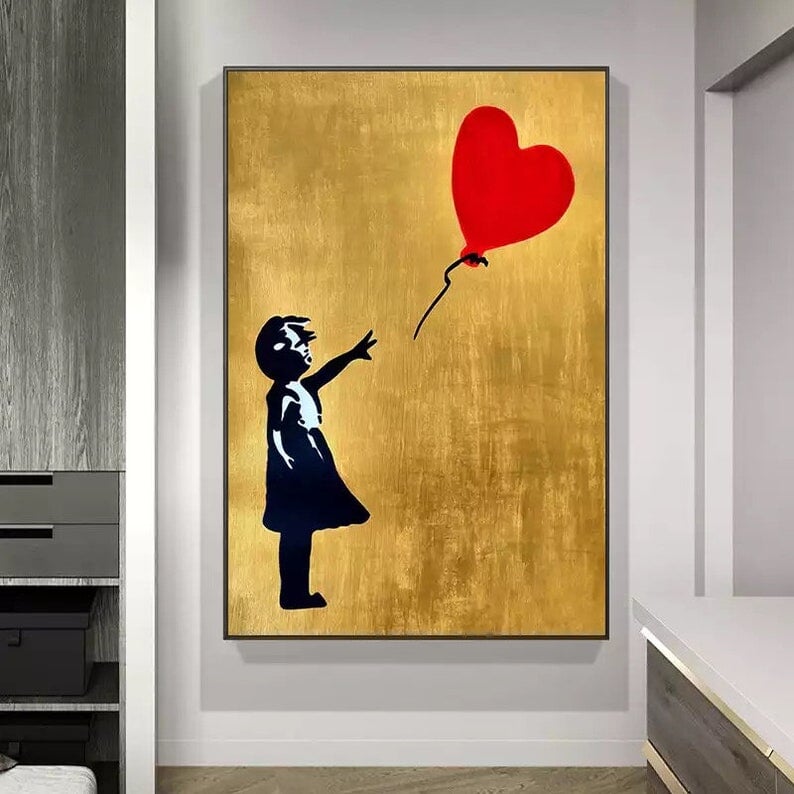 Balloon Girl (Gold) Canvas Art - Graffiti Canvas Ar